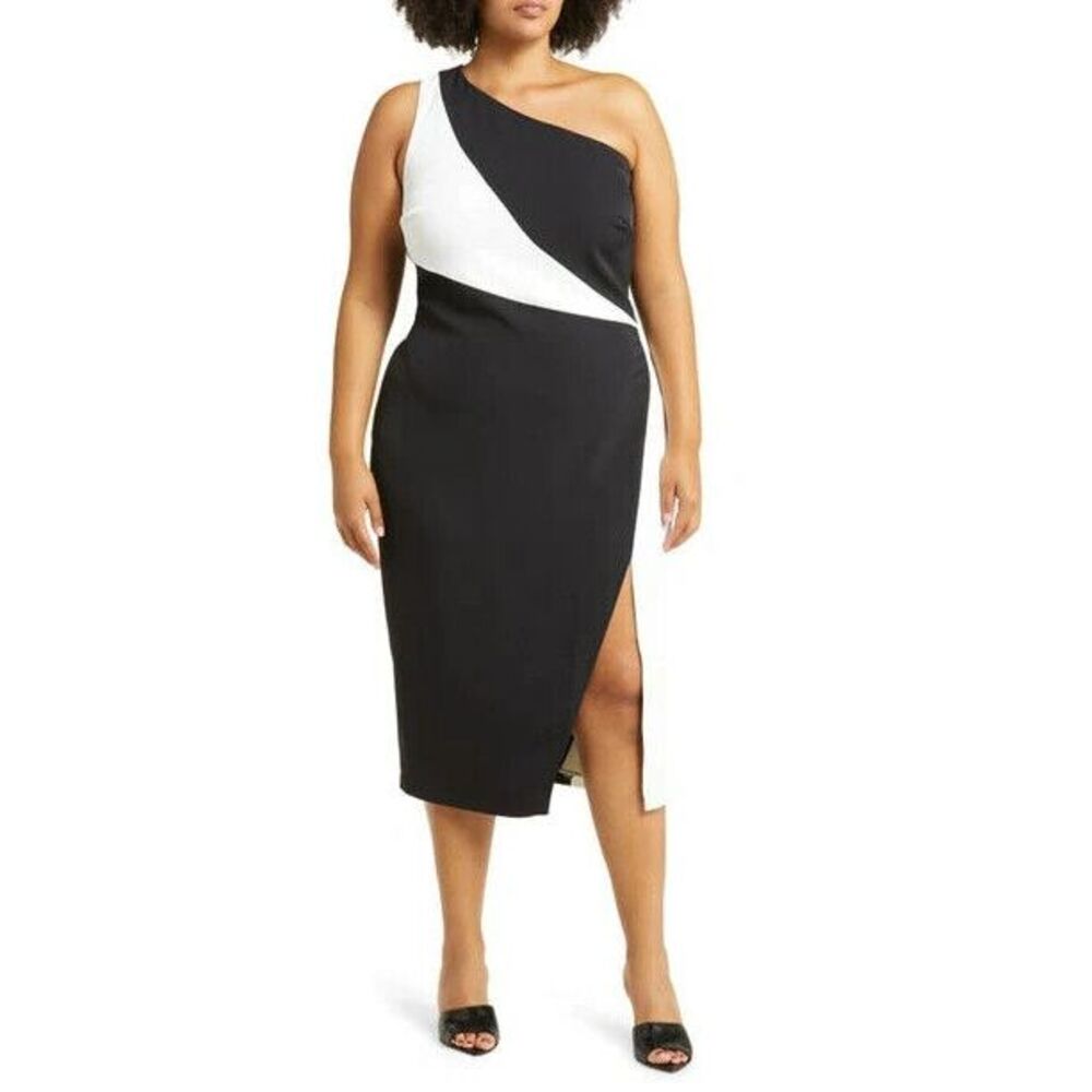 11 HONORE Womans Alexandra Colorblock One-Shoulder Dress In‎ Black/White SZ 22